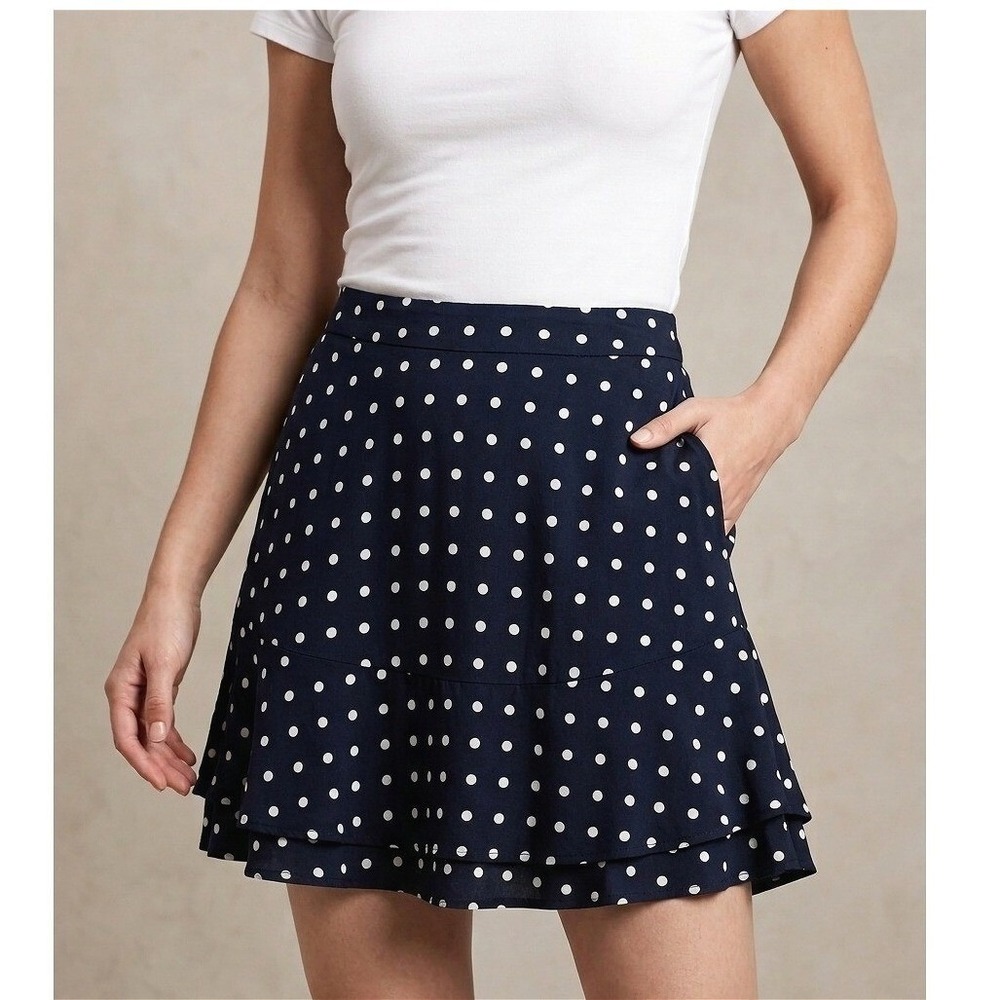 Old Navy Polka Dot Tiered Mini Skirt Womens Medium Petite Navy Blue Rayon Retro